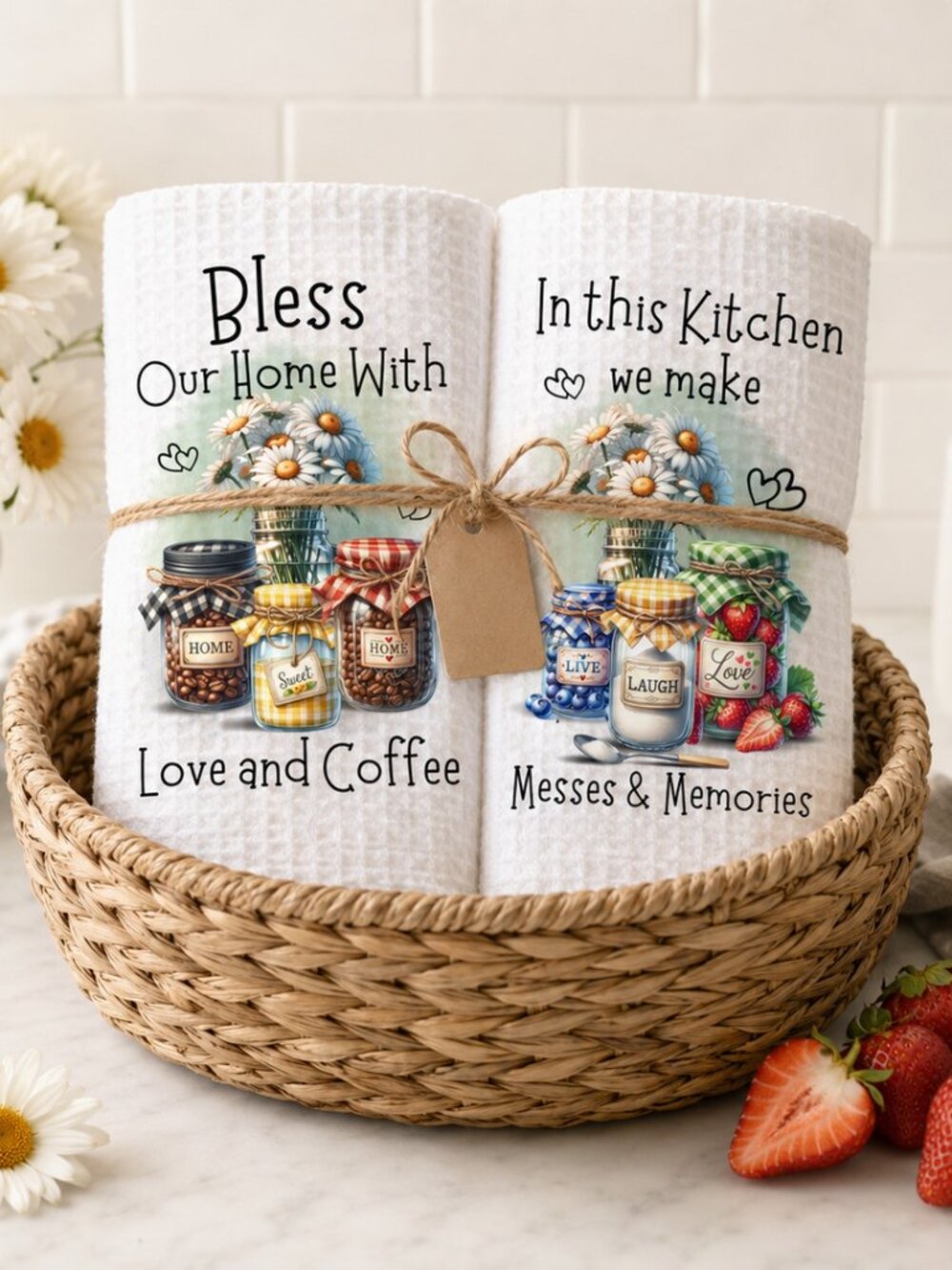 Bless Our Home Kitchen Towel Set, Love And Coffee Dish Towel Daisy Mason Jar